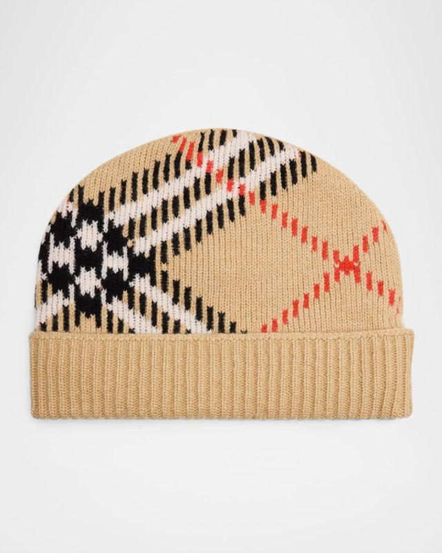 Check Cashmere-Blend Knit Beanie
